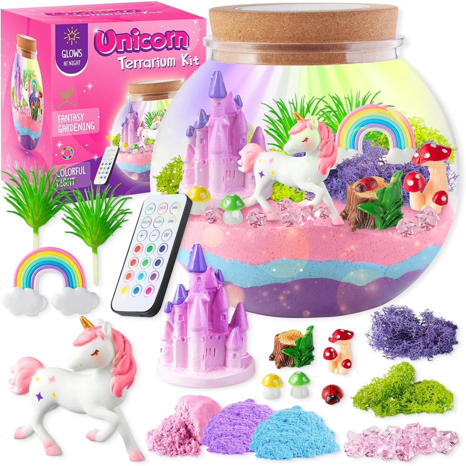 Colorful unicorn terrarium kit with glowing LED lights and decorative elements for kids