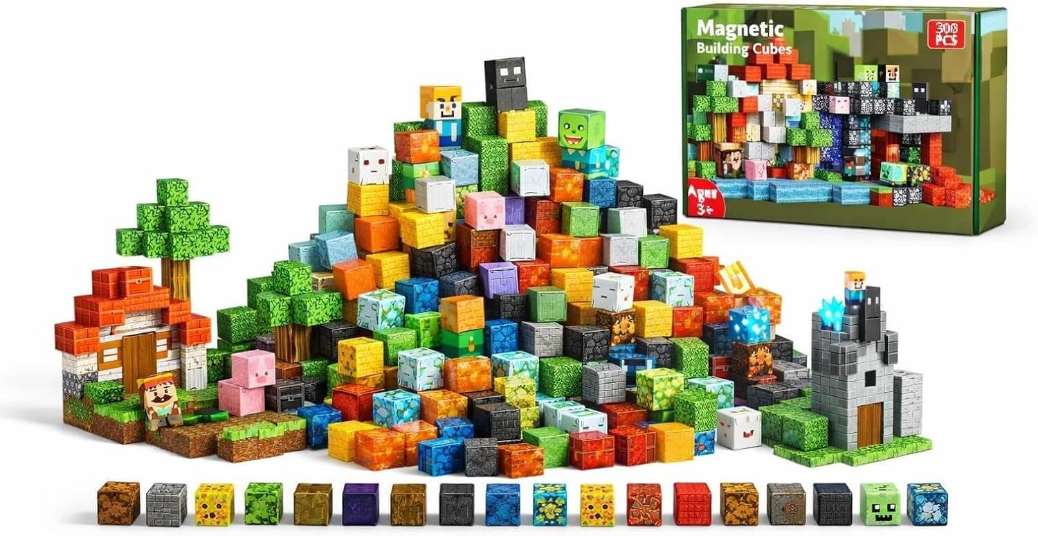 Colorful magnetic building blocks assembled in a spherical shape on a white background.