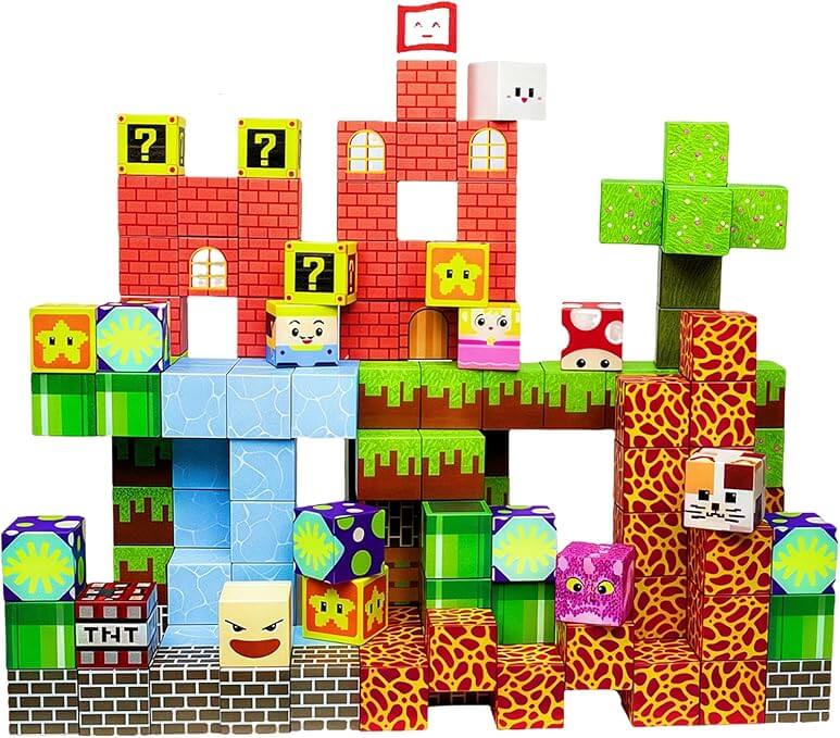 Colorful HUIZHOU magnetic blocks arranged in creative STEM play structures.
