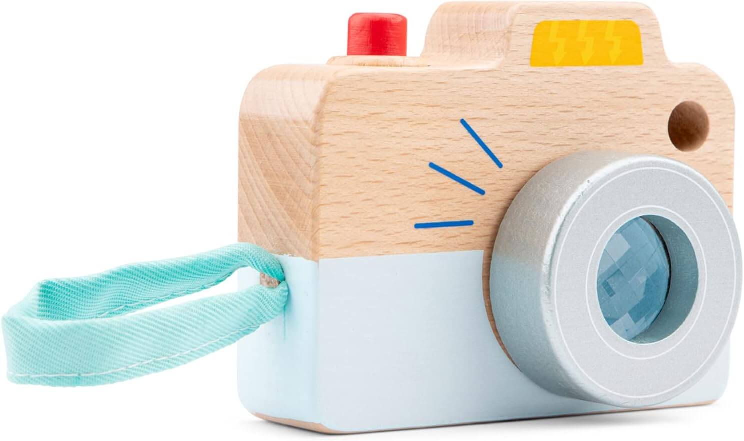 Woet Wooden Toy Camera with colorful buttons and strap on a light wood background.