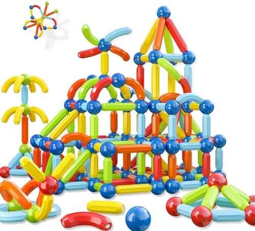 Colorful magnetic building blocks arranged in various 3D structures and shapes