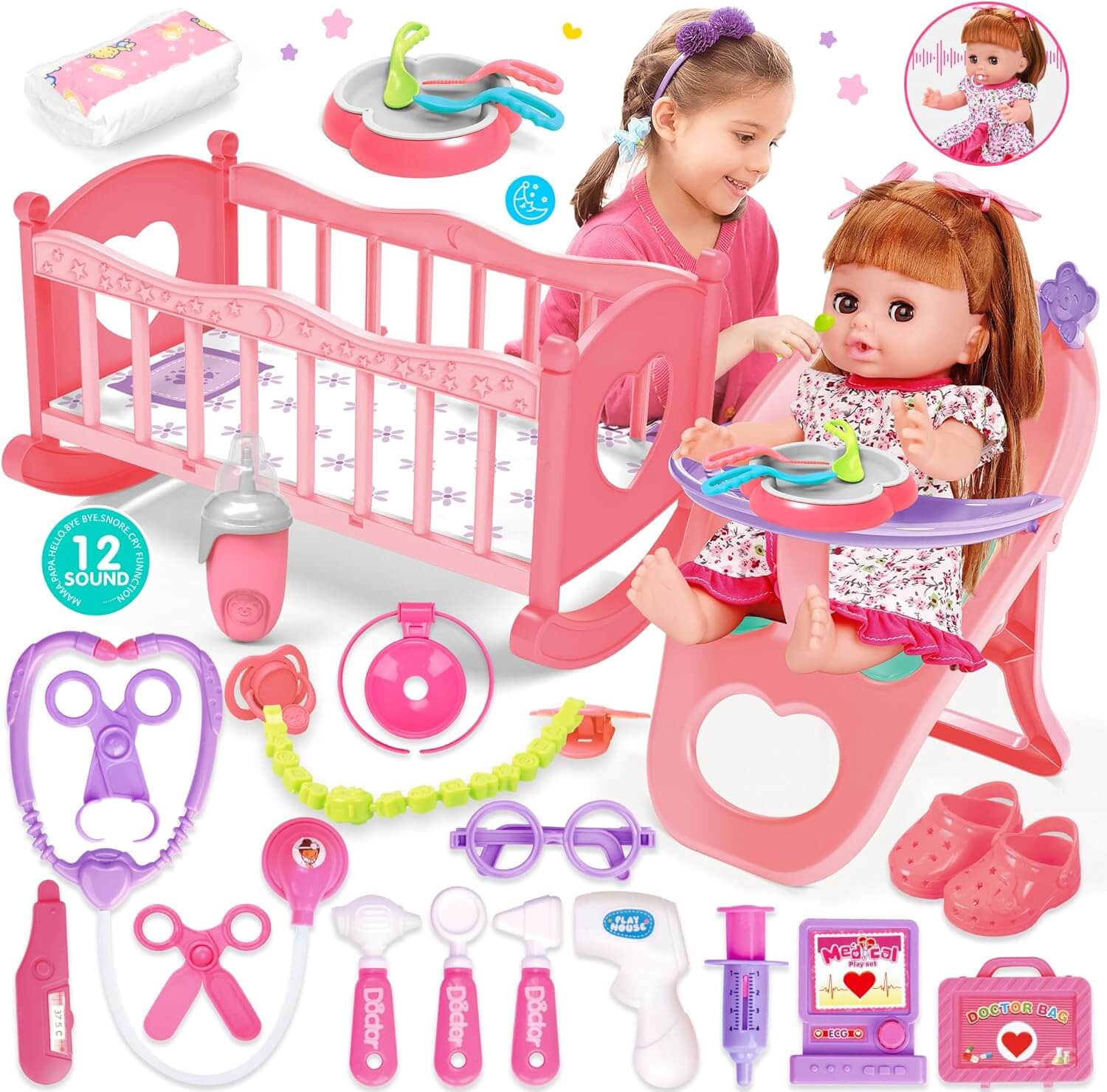 Baby doll care playset with 25 accessories including bottles, diapers, and clothing for toddlers