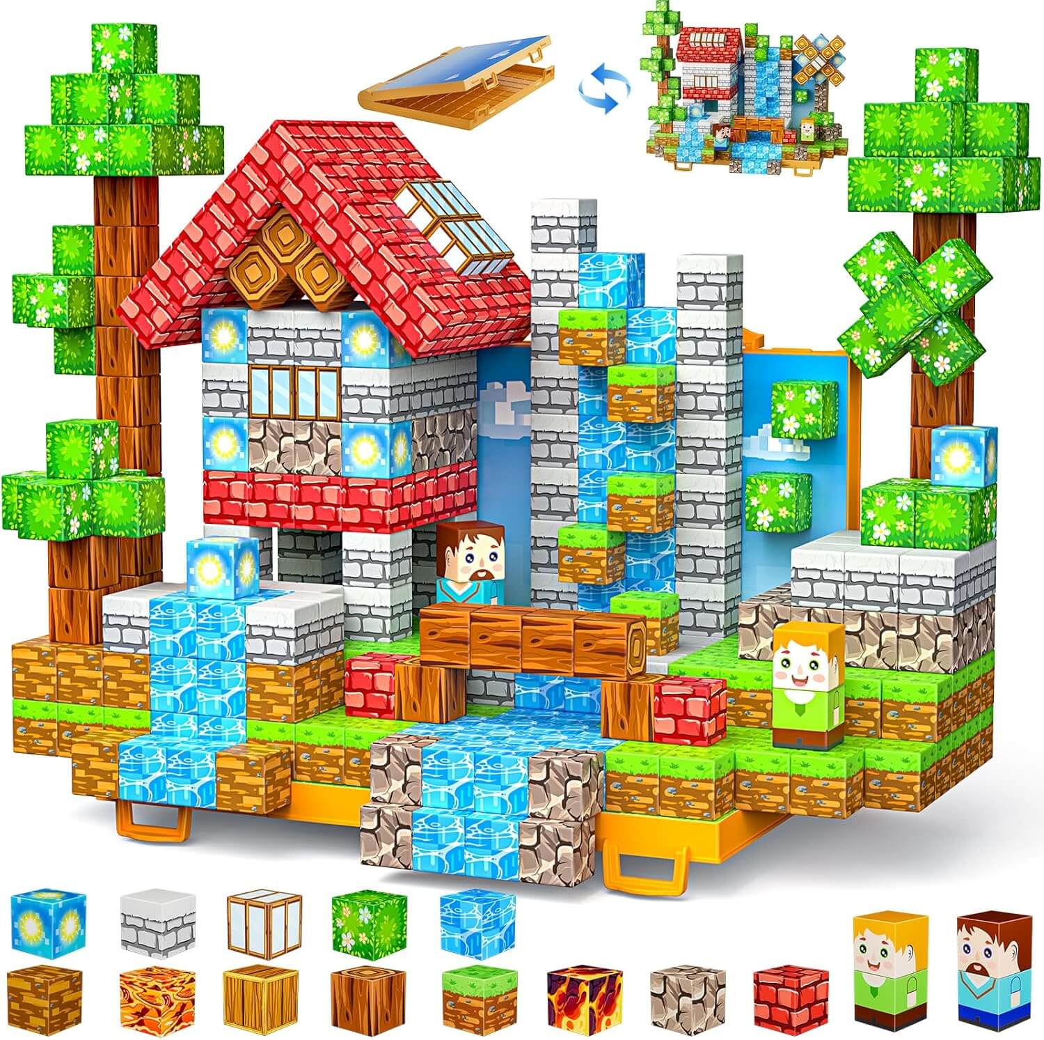 Colorful magnetic blocks arranged in creative structures on a playmat.