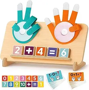Colorful wooden counting blocks with numbers and mathematical symbols for Montessori learning