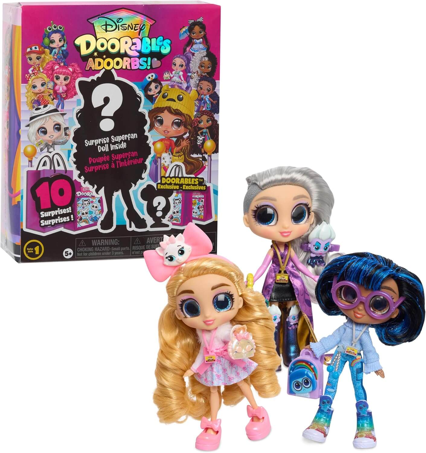 Disney Doorables ADOORBS dolls collection displayed with colorful characters and packaging